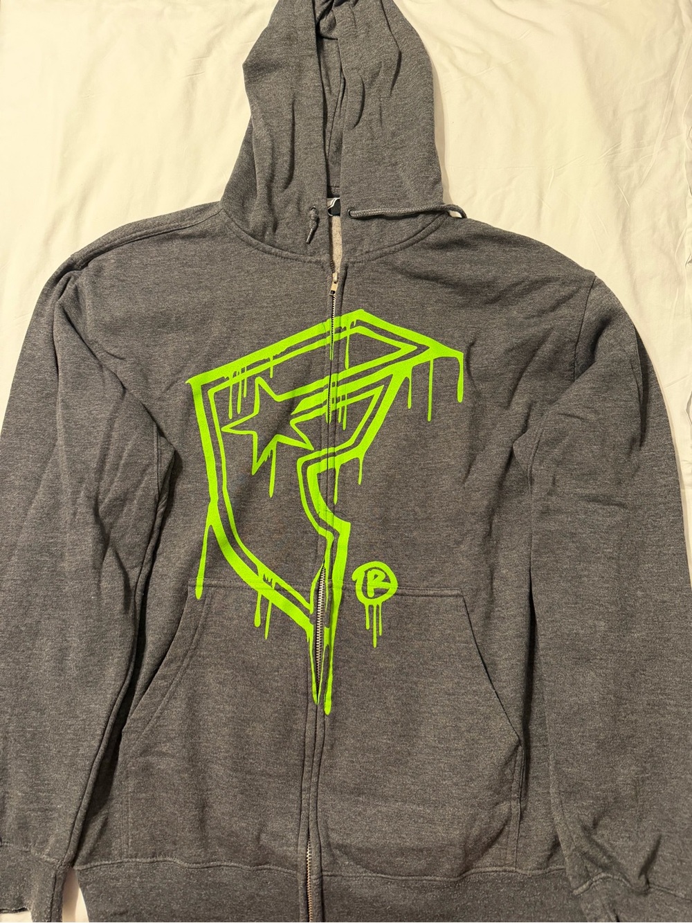 Famous Stars & Stripes Gray Zip Hoodie with Neon Green Logo